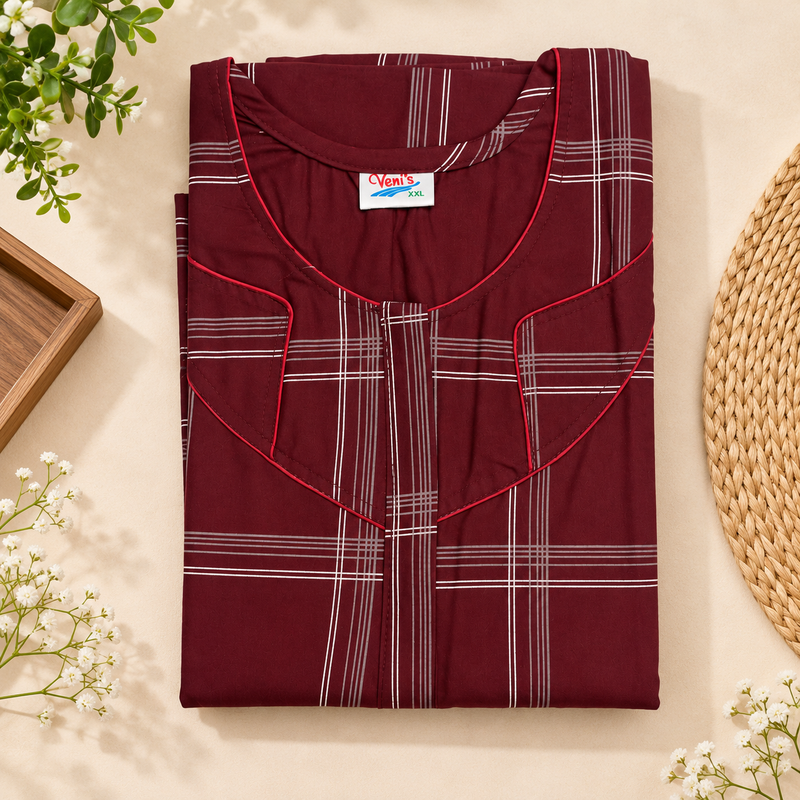 Veni’s Women’s Maroon Checked Cotton Nighty with Front Open Zip