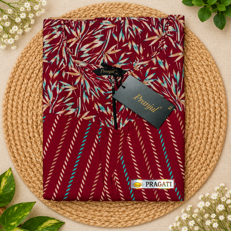 Pranjul 1813 Maroon Leaf-Print Nighty for Women