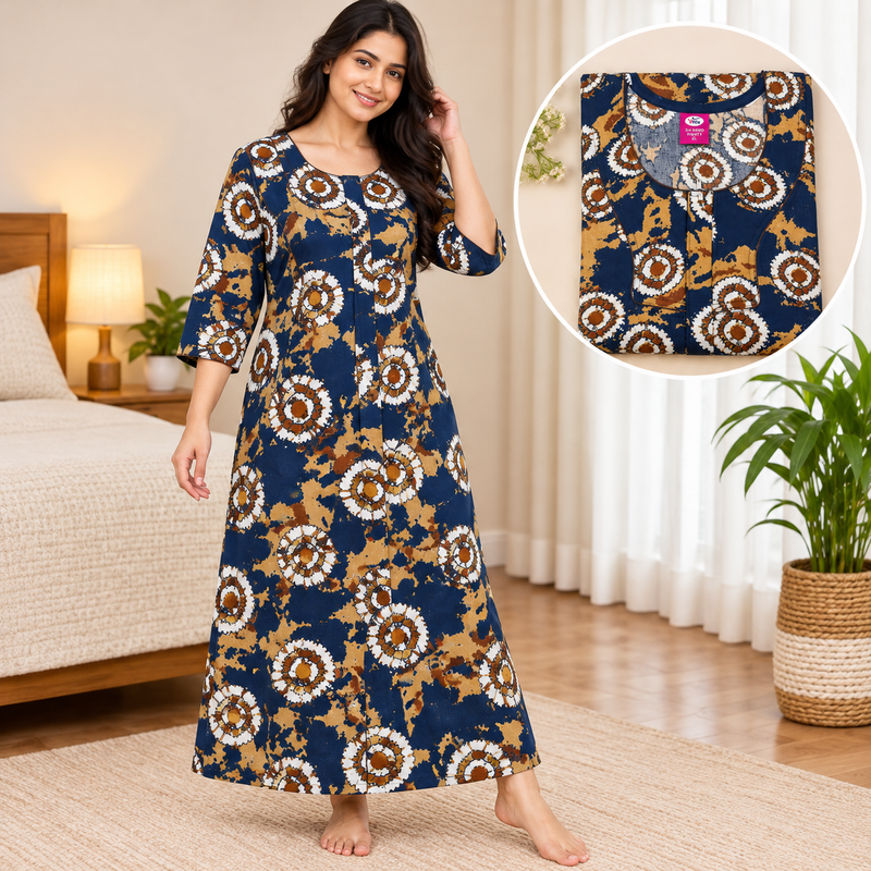 Yoga Women's 3/4 Sleeve Cotton Nighty – Navy Blue Printed Nightgown