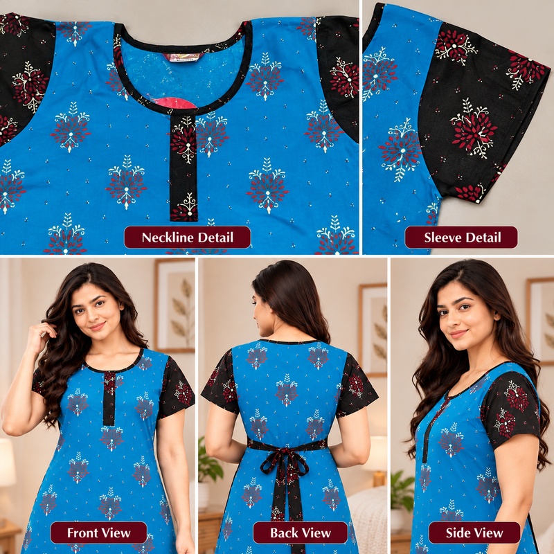 Women's blue floral cotton frock nighty with black contrast sleeves and printed frill hem