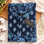 Navy blue floral printed cotton nighty for women by Pranjul
