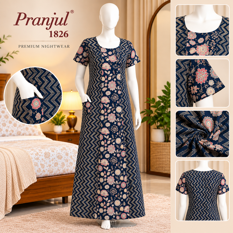 பிரஞ்சல் 1826 நேவி ப்ளூ புளோரல் பிரிண்டட் காட்டன் நைட்டி பெண்களுக்கானது – முழு நீள நைட்கவுன்