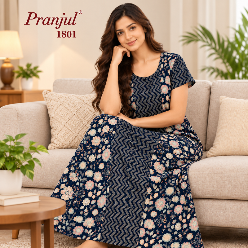 Pranjul 1801 Navy Blue Floral Printed Cotton Maxi Nighty for Women