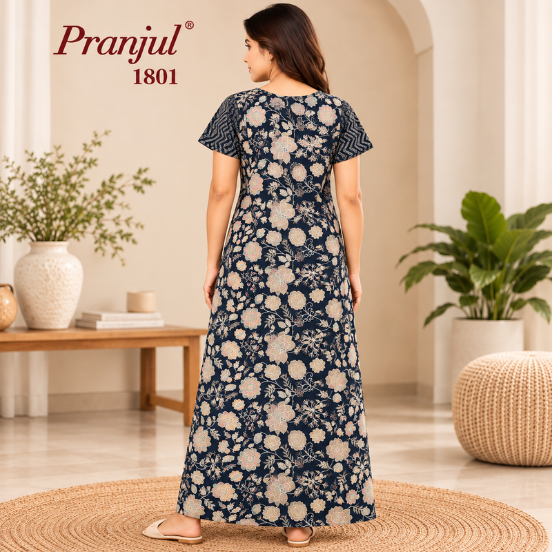 Pranjul Navy Blue Floral Printed Women's Nighty – back View