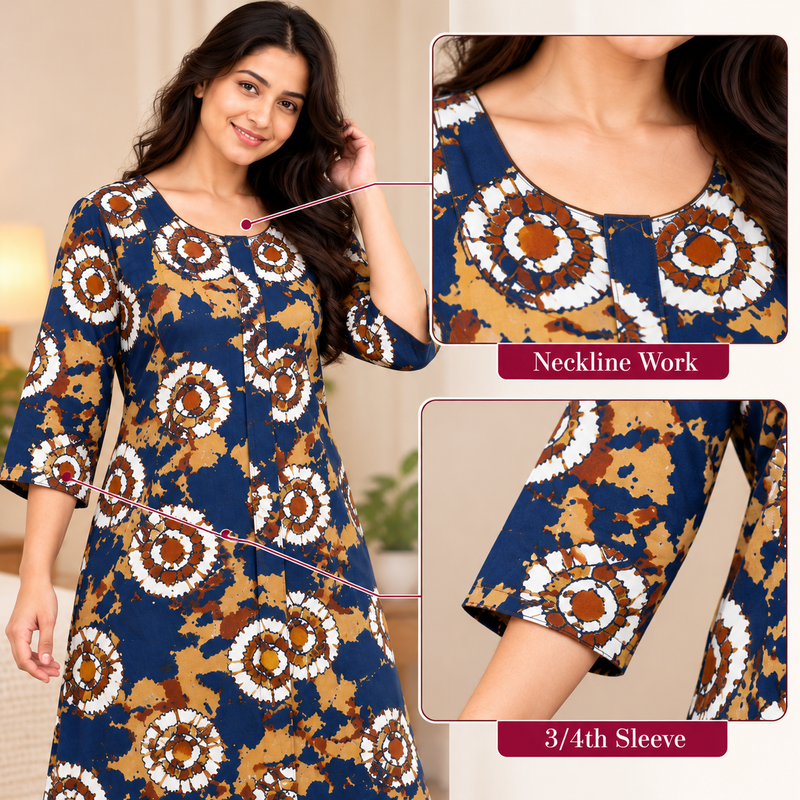 Yoga Women's 3/4 Sleeve Cotton Nighty – Navy Blue Printed Nightgown