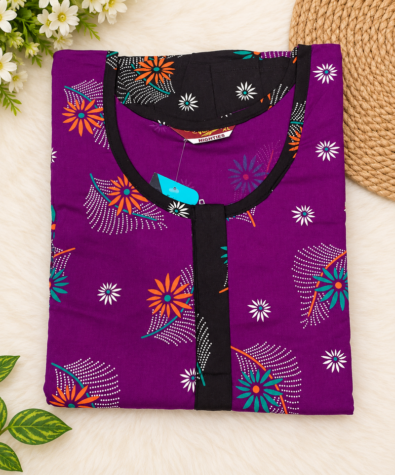 Veni’s Purple Floral Cotton Frock Nighty for Women with Zip