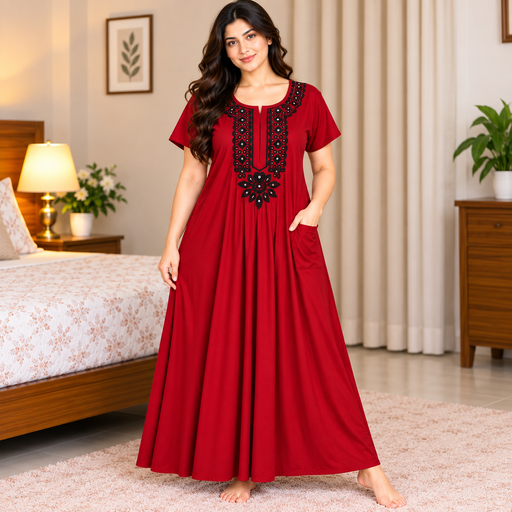 A woman stands barefoot in a bedroom wearing a long red nightgown with short sleeves, a round neckline, black embroidered detailing around the collar, and side pockets.