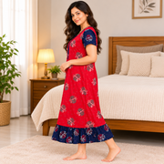 Veni’s Red Floral Cotton Frock Nighty for Women-Side view