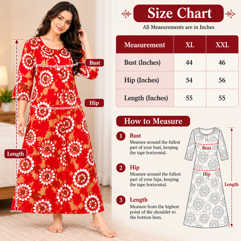 Yoga Women's Red Printed Cotton Nighty – 3/4 Sleeve
