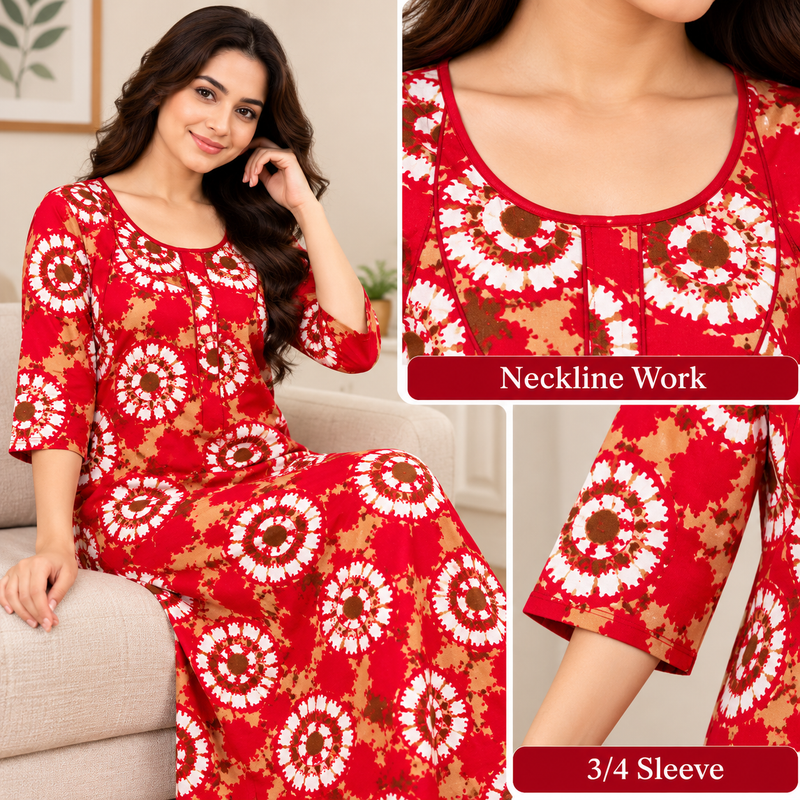 Yoga Women's Red Printed Cotton Nighty – 3/4 Sleeve
