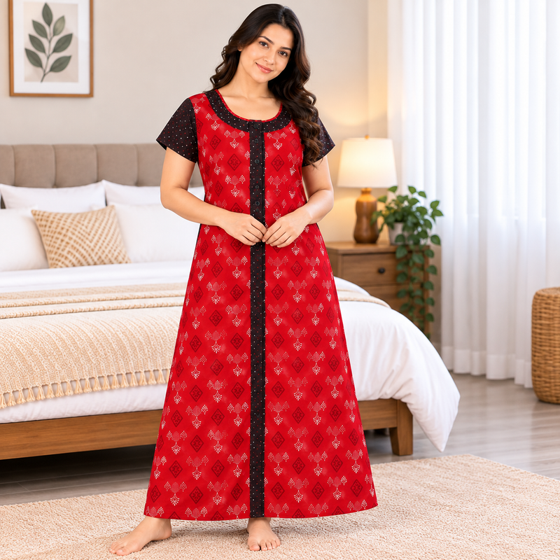 Yoga Red Printed Cotton Full Open Nighty for Women