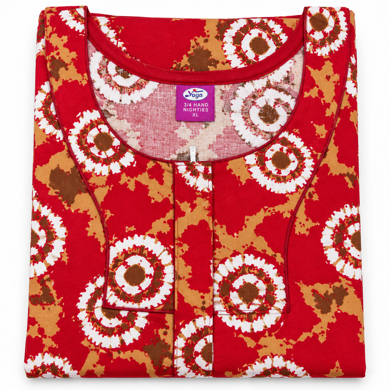 Yoga Women's Red Printed Cotton Nighty – 3/4 Sleeve
