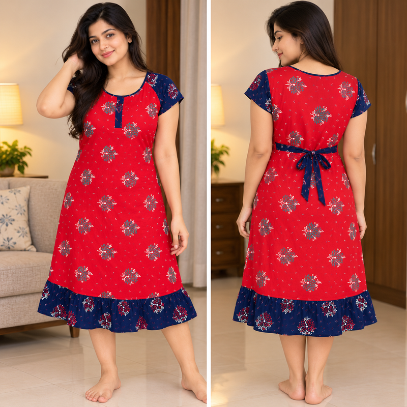 Veni’s Red Floral Cotton Frock Nighty for Women-back View