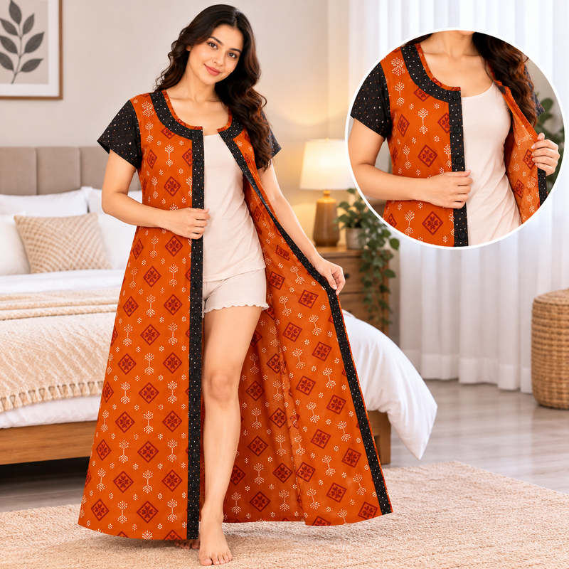 Yoga Cotton Full Open Nighty for Women – Rust Orange Printed
