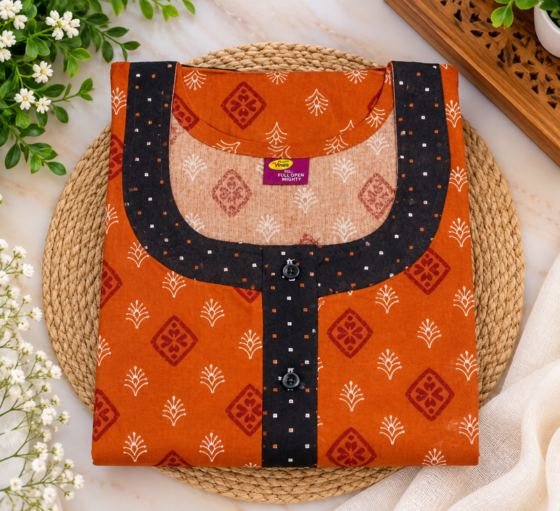 Yoga Cotton Full Open Nighty for Women – Rust Orange Printed