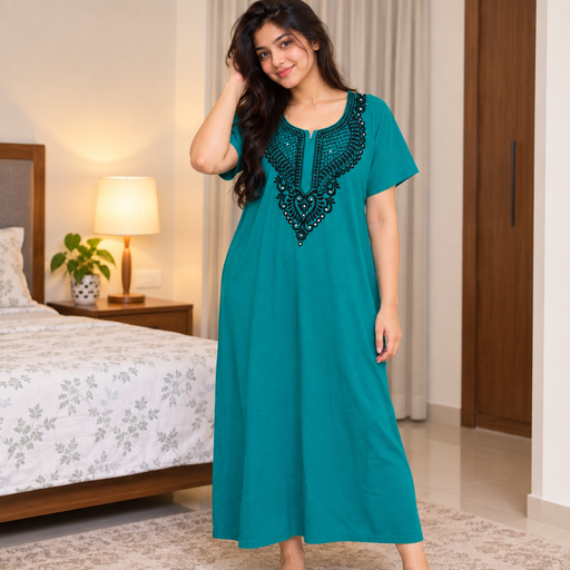 A woman wearing a teal green short-sleeve maxi nighty dress with black embroidered detailing around the neckline, standing in a bedroom setting.