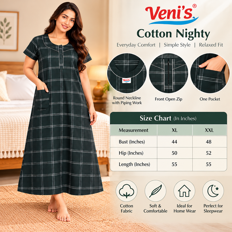 Veni’s dark green cotton nighty size chart for XL and XXL