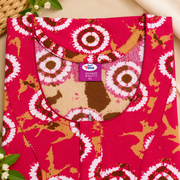 Yoga women's magenta red cotton nighty with white brown and beige circular print