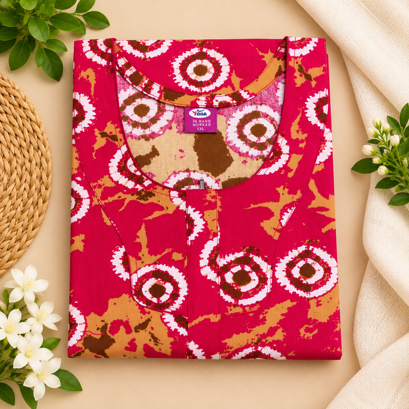 Yoga women's magenta red cotton nighty with white brown and beige circular print