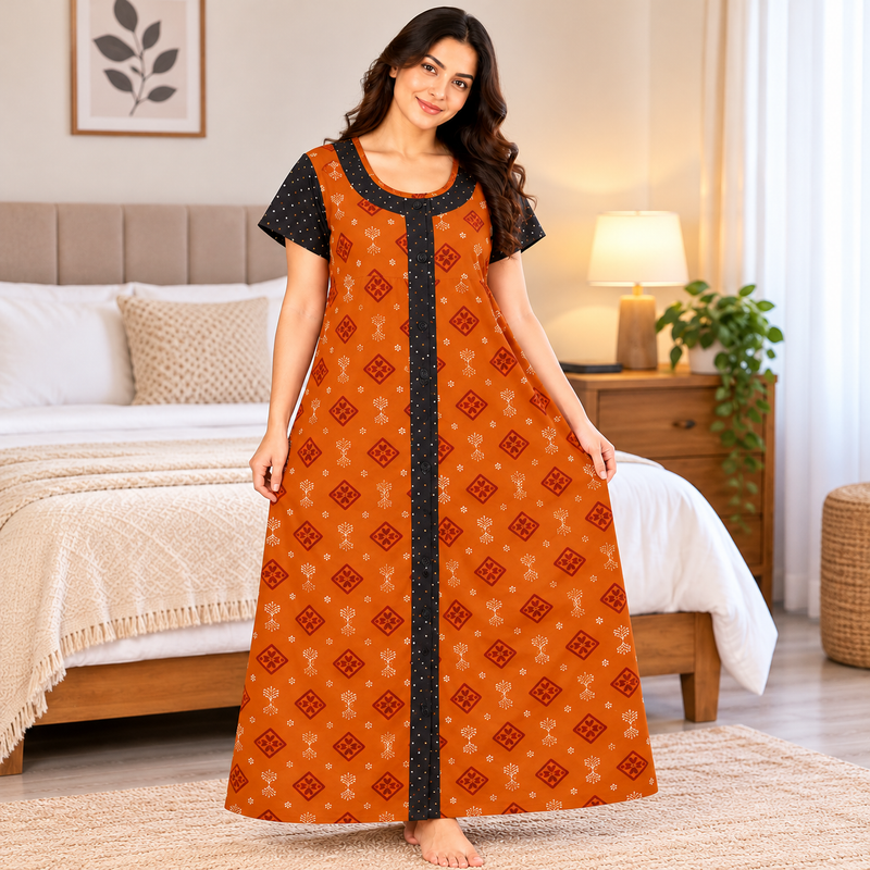 Yoga Cotton Full Open Nighty for Women – Rust Orange Printed