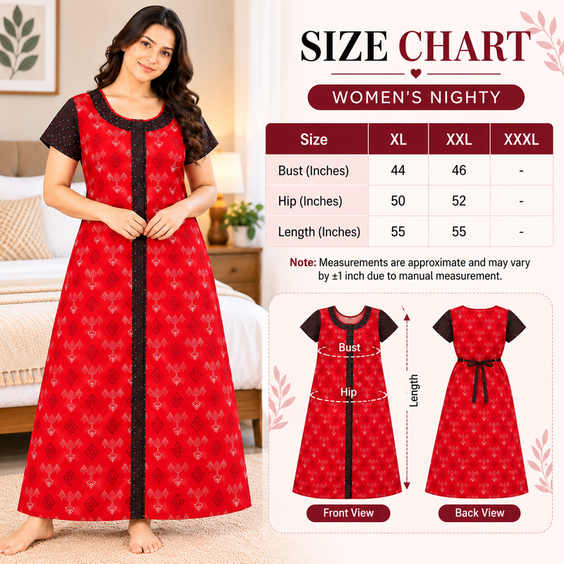 Yoga Red Printed Cotton Full Open Nighty for Women