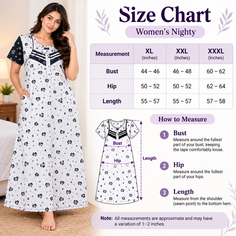 Beauty Women's Cotton Printed Nighty with Front Zip and Side Pocket – Black & White Floral Print