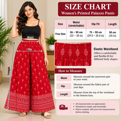 Women's Red Printed Palazzo Pants with Elastic Waistband-Size chat
