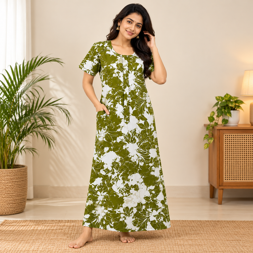 Mathan olive green and white floral printed cotton nighty for women with front zip and one side pocket