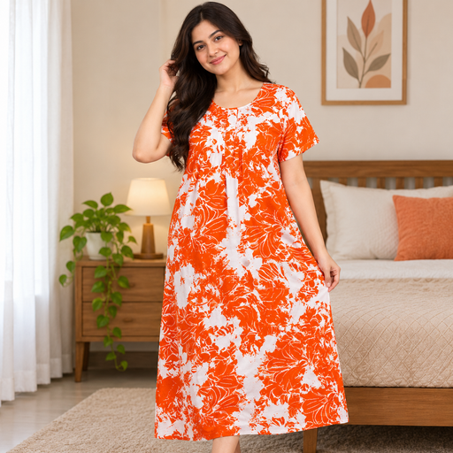 Mathan orange and white floral printed cotton nighty for women with front open zip
