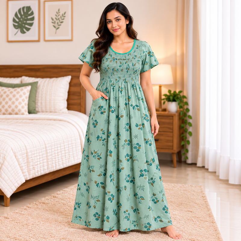Veni's Mint Green floral printed women's nighty front view